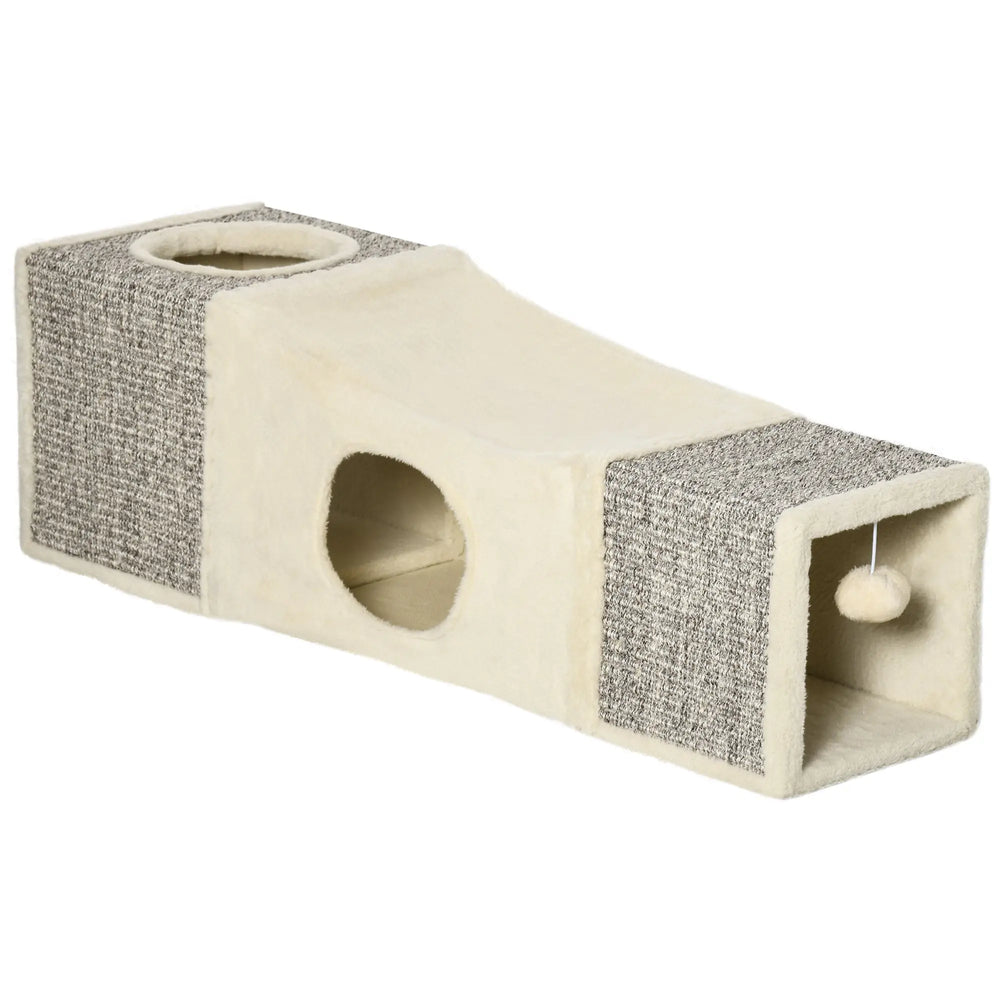Tunnel pour chat intérieur jouets pour chats avec balle suspendue entrées multiples en sisal 98 x 30 x 30 cm crème-0