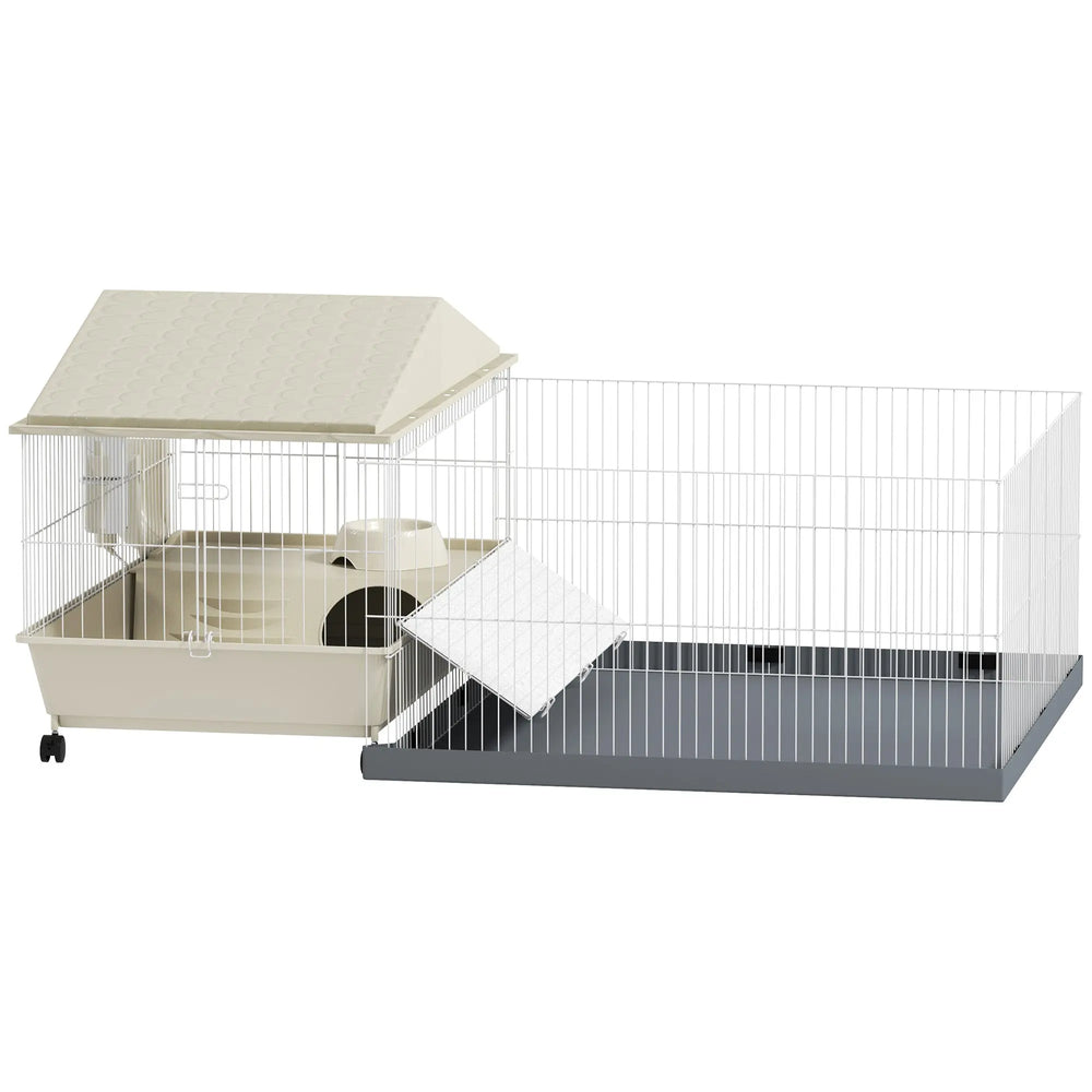 Cage cochon d'inde cage pour petits animaux avec parc amovible tapis imperméable mangeoire à foin 108 x 71 x 57 cm beige-0